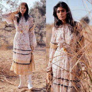 NWT Hemant and Nandita White Silver Gold Chiffon Lurex Floral Boho Midi Dress